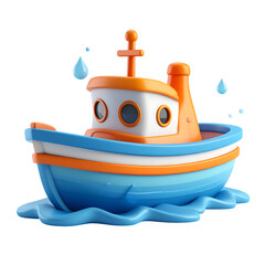 Cartoonish blue, orange and white boat sails on water with drops around it