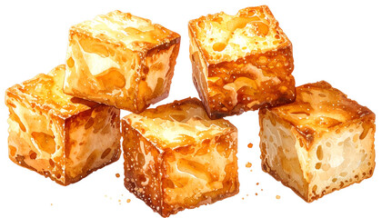 Watercolor rendering of golden-brown, crispy fried cubes, stacked on top of each other