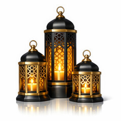 Three Islamic Lanterns with Lit Candles on Background Ramadan Kareem