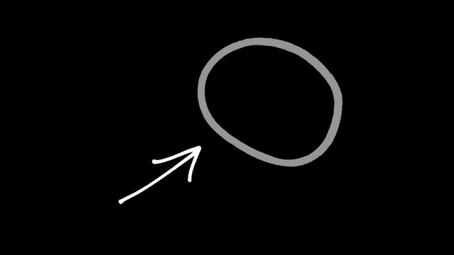 Hand-drawn white arrow pointing to a circular frame on black background perfect for video editing tutorials presentations and highlighting important screen content elements.
