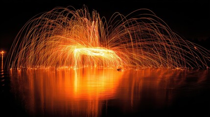 Dramatic Nighttime Display of Firework Sparks over Water Surface with Reflections Creating a Mesmerizing Abstract Pattern