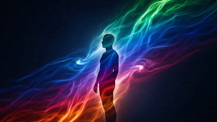 Vibrant silhouette with colorful energy trails in the dark