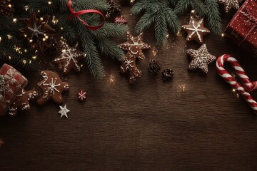Festive Christmas Decoration with Gingerbread Cookies Candy Cane and Sparkling Lights on Dark Wooden Tabletop