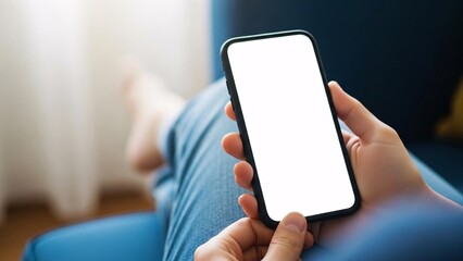 Person holding a smartphone with a blank white screen