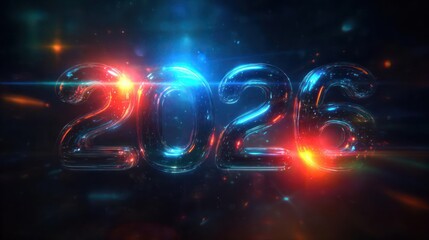 Futuristic glowing 2023 numbers with vibrant neon lights and lens flares on a dark background