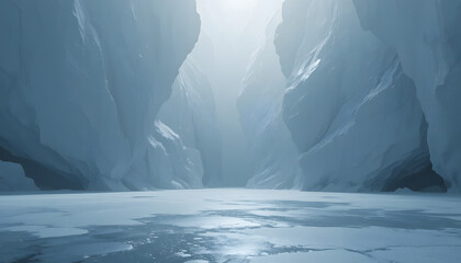 Serene icy landscape with towering glacier walls and frozen lake