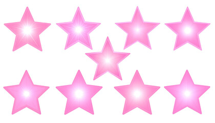 A collection of ten luminous, five-pointed stars, shimmering with shades of pink on black