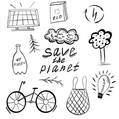 Hand drawn set of ecological elements, including solar panel, eco bag, bicycle, light bulb, saving planet, for environment concept. isolated, transparent