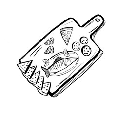Black and white doodle drawing of various food items including pizza, fish, and croissant on a cutting board. Sketch art for menu design. transparent, isolated