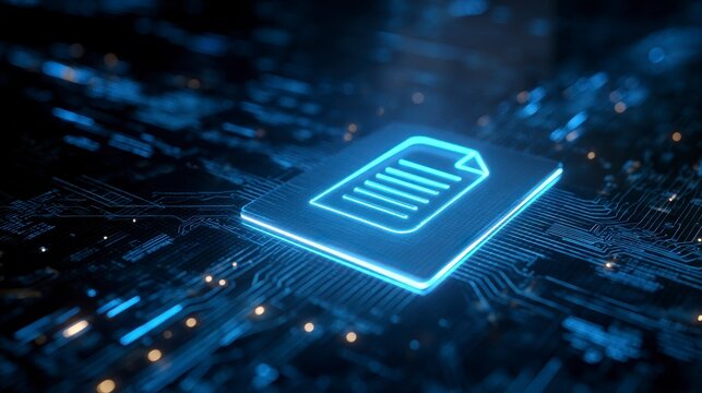 Illuminated document symbol embedded within a circuit board, hinting at digital data and tech infrastructure. Glowing lines suggest connections - Powered by Adobe