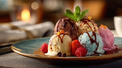 Delicious assorted ice cream flavors with fresh raspberries and chocolate sauce
