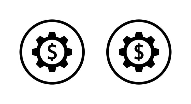 Dollar money gear icon in circular outline. Financial settings, cost management, and business system symbol.
