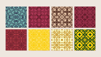 Colorful square tile pattern set with multiple ornamental designs.Theme Playful, creative, diverse.