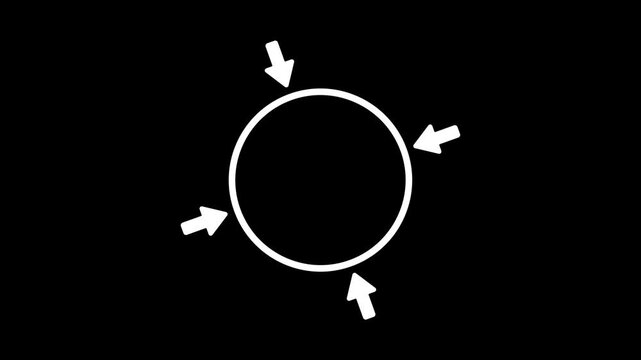 Minimalist white animation of four arrows pointing inward to a central circle on black background representing focus, unity, collaboration, or gathering data.
