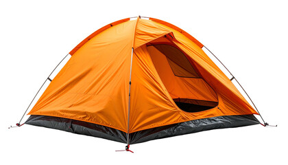 Bright orange dome tent with open door and window, isolated on a black background
