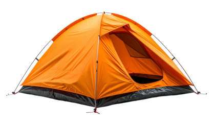 Bright orange dome tent with open door and window, isolated on a black background