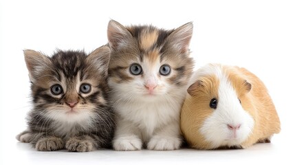 Three small furry pets sit close together, two kittens and a guinea pig, looking towards the camera, on a white background