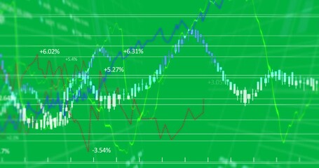 Animation of data processing and graph with green background - Powered by Adobe