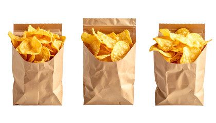 Three open brown paper bags, each overflowing with golden potato crisps