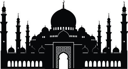 Islamic mosque silhouette vector, Arabic architecture with dome and minaret, religious building clipart, Ramadan Eid theme, worship place design