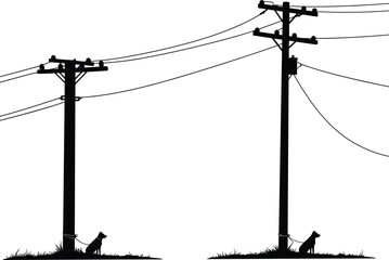 Minimalist vector illustration of two dogs tied to telephone poles, black silhouette, communication concept, loneliness, simple artwork, modern design, vector art.