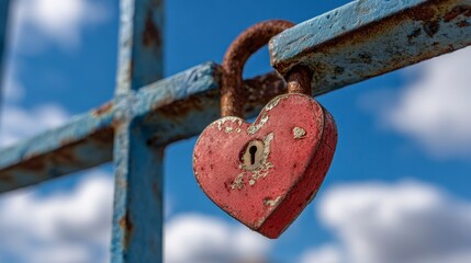 Close-up of a weathered, heart-shaped padlock securing a rusty blue metal fence against a cloudy blue sky