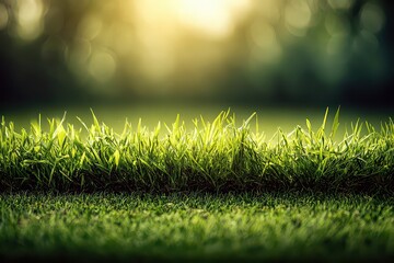 Green Grass Blades With Morning Sunlight and Defocused Green Background in a Shallow Depth of Field Macro Photography