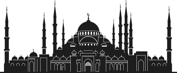 Islamic mosque silhouette, black white vector, Ottoman architecture, minarets and domes, Muslim holy place, traditional worship, religious skyline art © Nur-Nobin Creations