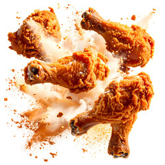 Crispy fried chicken drumsticks exploding outwards with a cloud of floury dust