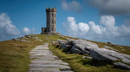 Granite Monument atop Grassy Hill under Sunny Sky with Stone Path Leading Up and Wispy Clouds in Background Landscape