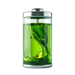 Cylindrical battery graphic, full of green liquid, with silver top and base on black