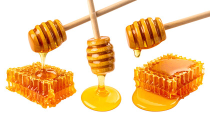 Close-up of honeycombs and dripped honey with dippers, golden and flowing
