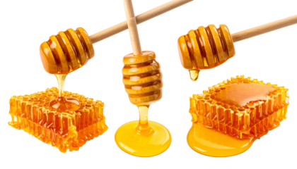 Close-up of honeycombs and dripped honey with dippers, golden and flowing