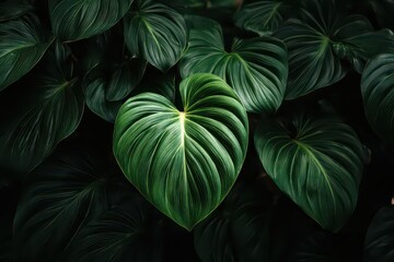Lush Green Heart Shaped Leaf Surrounded by Darker Foliage in Natural Light Botanical Beauty