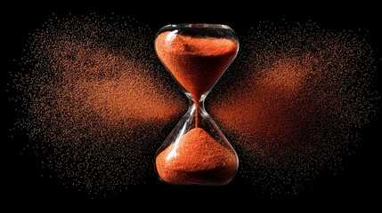 Hourglass Filled with Flowing Orange Glitter on Black Background with Glitter Explosion