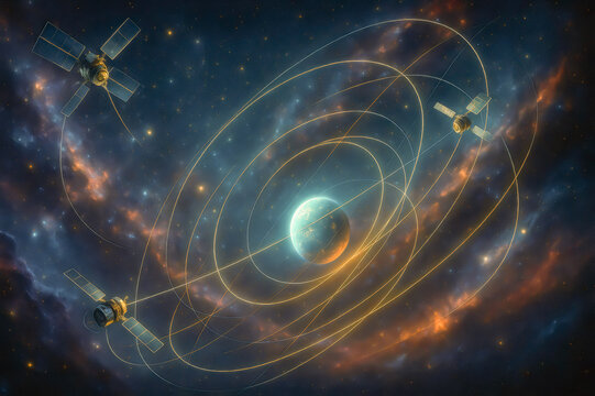 Communication satellites orbiting earth creating global network - Powered by Adobe