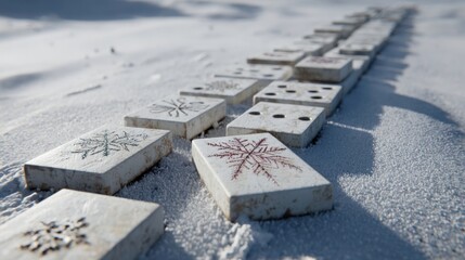 Snowy outdoor dominoes set up with tiles decorated as snowflakes,