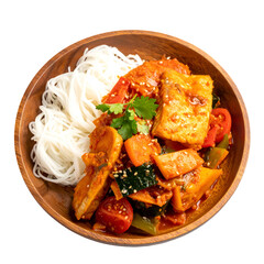 Korean dish in a wooden bowl, featuring noodles, fish, and vegetables