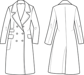 Long double-breasted women's overcoat fashion sketch, coat technical drawing, flat fashion template, outerwear design illustration, coat construction guide