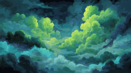 Luminous Green and Blue Clouds in a Pixelated Night Sky with Textured Brushstrokes Atmospheric Hues and Dreamlike Quality