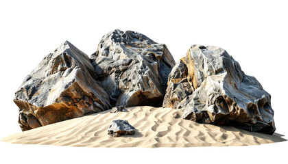A cluster of jagged rocks on sandy terrain, lit with strong side lighting