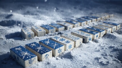 Snowy outdoor dominoes set up with tiles decorated as snowflakes,