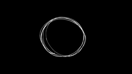 Minimalist white hand-drawn scribble circle animation on black background representing a highlight, focus area, selection, or creative brainstorm concept for professional video projects.
