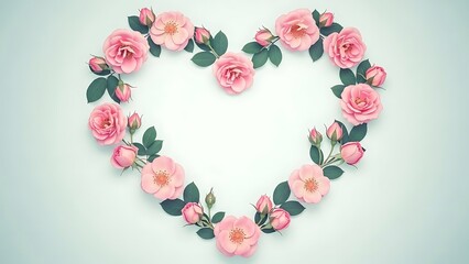 Obraz premium Heart shaped wreath of pink roses and leaves