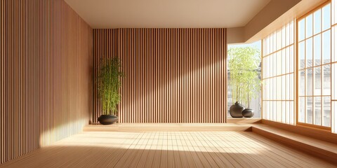 Minimalist Room with Wood Paneling Plants and Large Windows in Soft Sunlight Filled Indoor Space