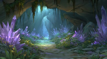 Mystical Cave Interior with Glowing Purple Crystals and Lush Greenery Underneath Sunrays Creating a Magical Pixel Art Landscape