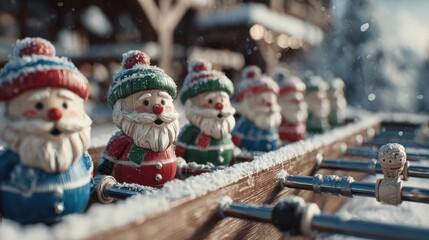Snowy outdoor foosball table with players dressed as holiday characters,