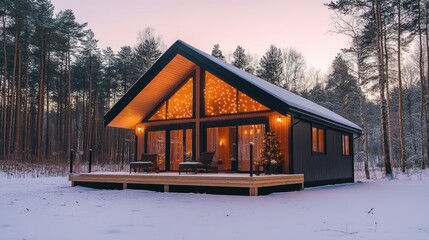 Cozy cabin in winter forest at dusk