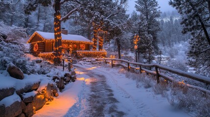 Snowy cabin at twilight, decorated for Christmas, winter wonderland, idyllic scene