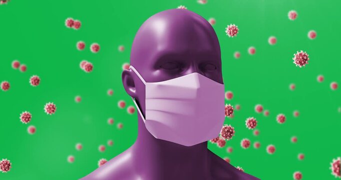 Animation of macro Covid-19 cells floating around a 3D human head wearing a face mask